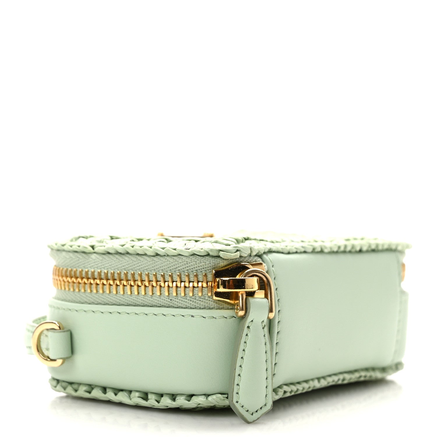 Prada Yarn Raffia Effect Calfskin Crochet Metal Triangle Logo Mini Pouch with Handle Acqua 4 of 10