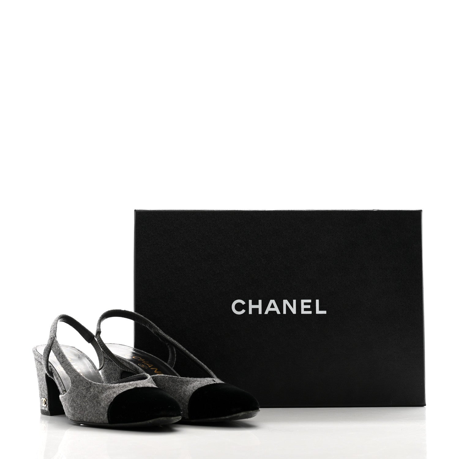 Chanel Wool Velvet Cap Toe CC Slingback Pumps 35 Black Grey 12 of 12