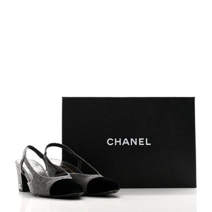 Chanel Wool Velvet Cap Toe CC Slingback Pumps 35 Black Grey 12 of 12