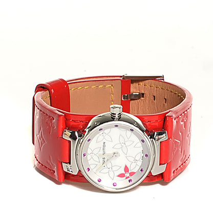 Louis Vuitton Stainless Steel Vernis Diamond Ruby Mother of Pearl 28mm Tambour Quartz Watch 3 of 9
