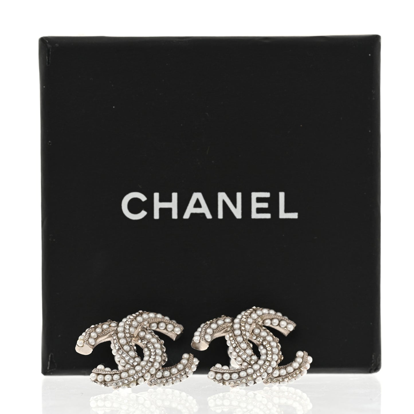Crystal Pearl Twisted CC Earrings Silver