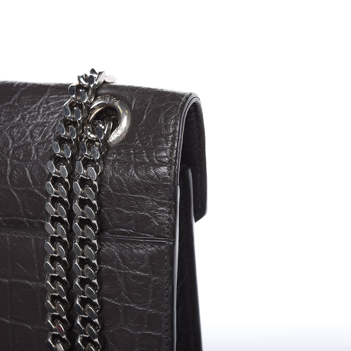 Calfskin Crocodile Embossed Large Monogram Satchel Fog
