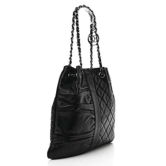 Lambskin Quilted Pile Ou Face Drawstring Bag Black