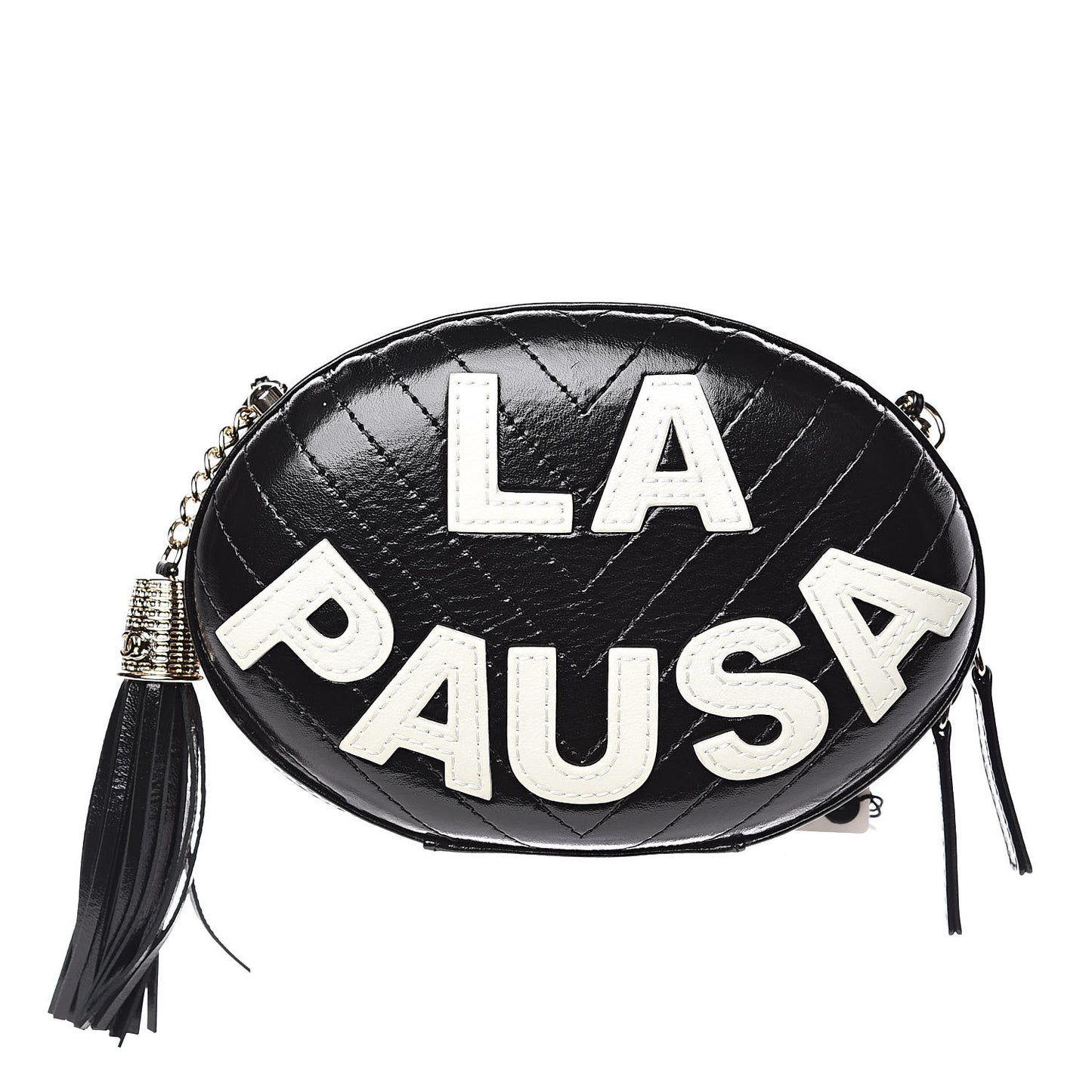 Lambskin Embroidered Chevron Quilted La Pausa Tassel Clutch Black