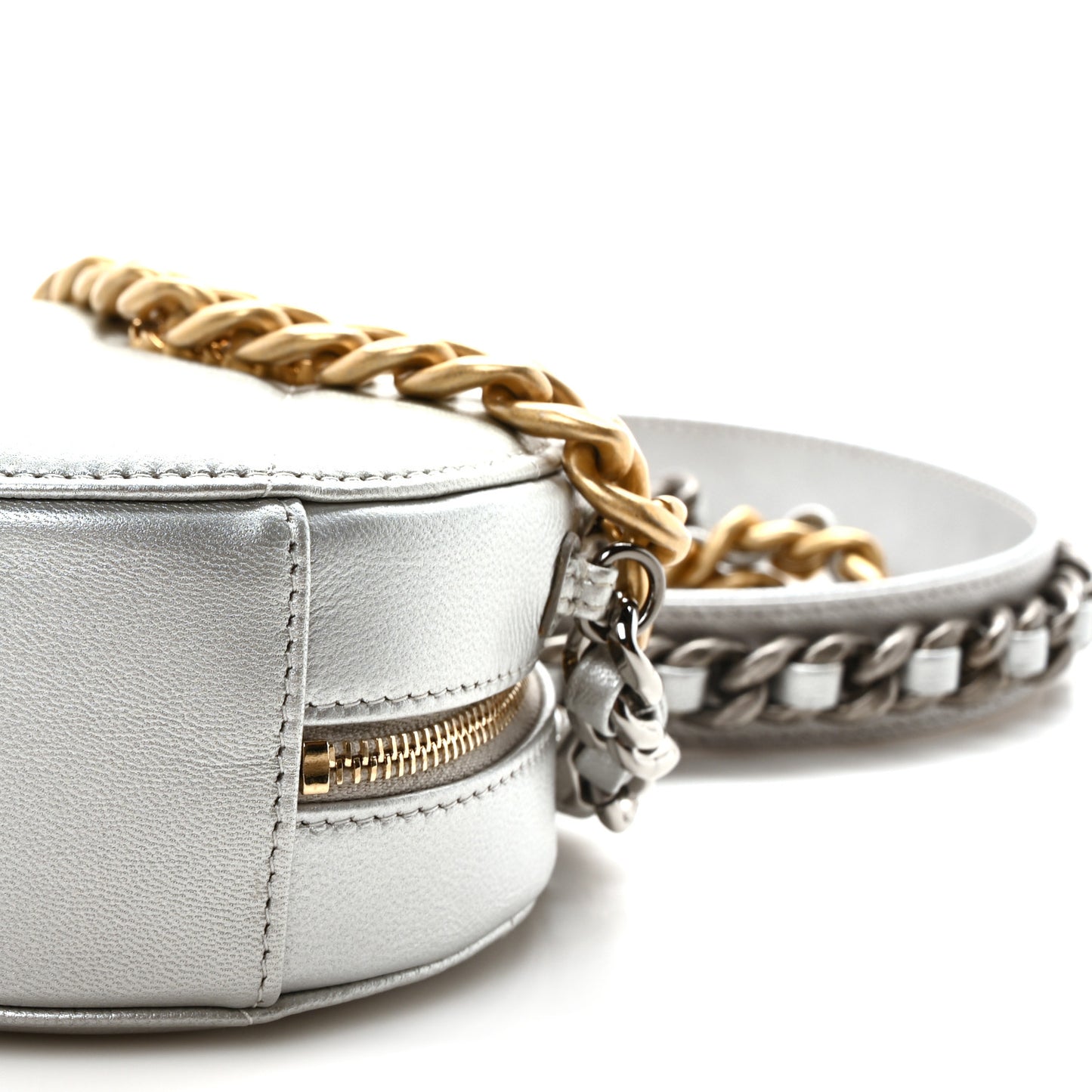 Metallic Lambskin Quilted Chanel 19 Round Clutch With Chain Silver