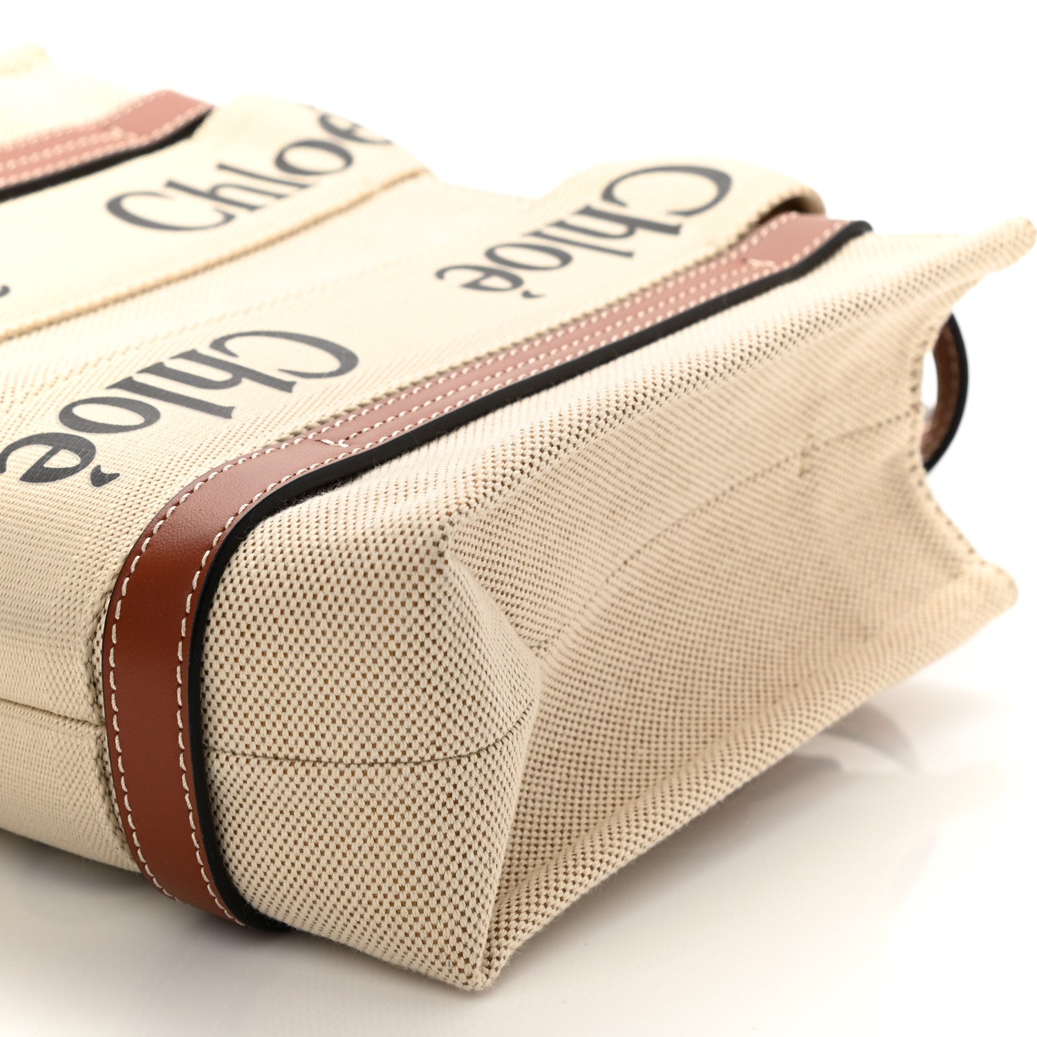 Chloe Cotton Calfskin Small Woody Ribbon Tote With Strap White Brown 8 of 8