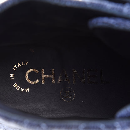 Chanel Shiny Calfskin Velvet Quilted Lace Up Combat Boots 37 Blue 6 of 13