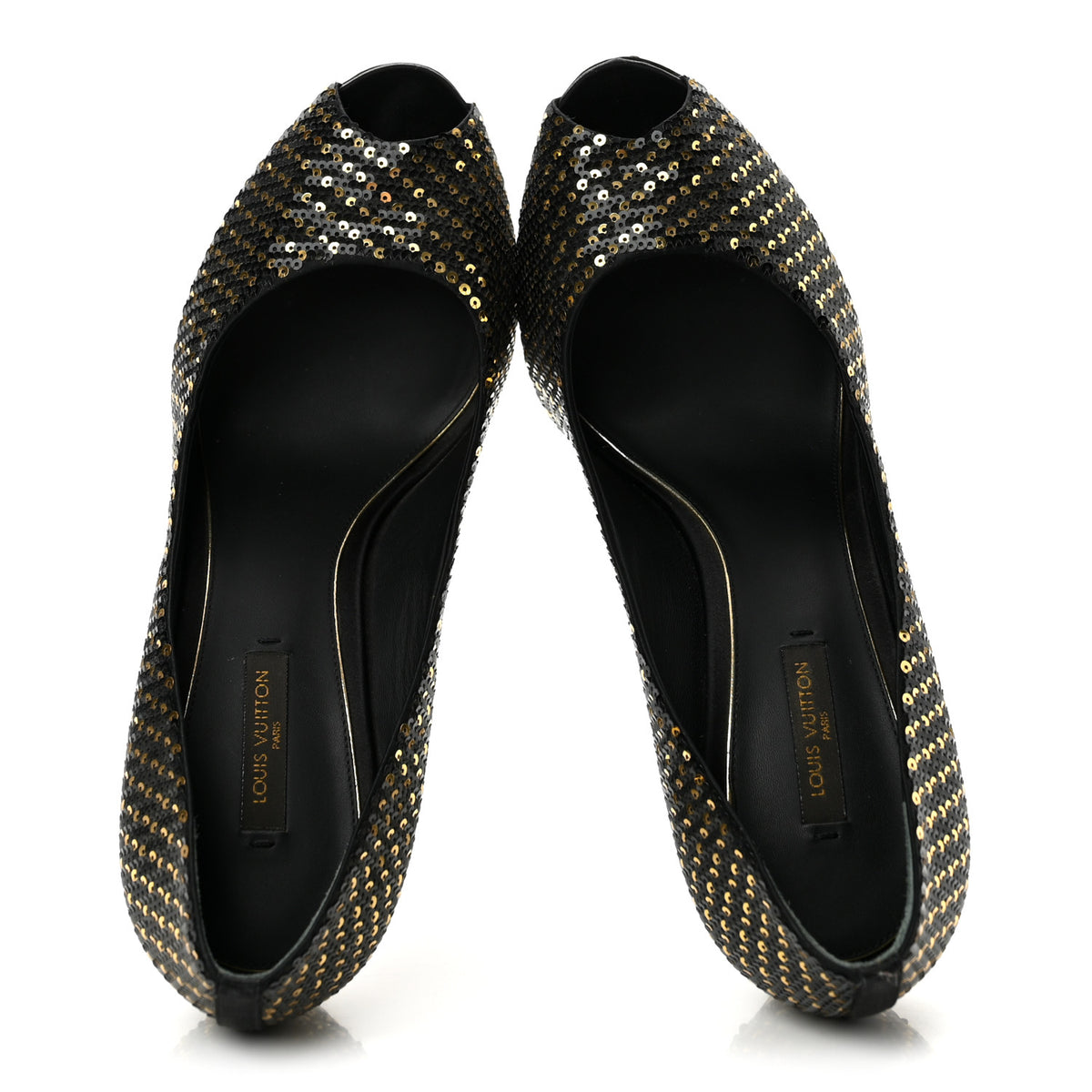 Louis Vuitton Sequin Peep Toe Platform Pumps 39 Black Gold 2 of 11