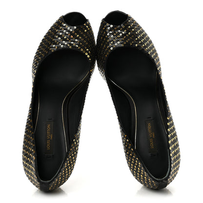 Louis Vuitton Sequin Peep Toe Platform Pumps 39 Black Gold 2 of 11