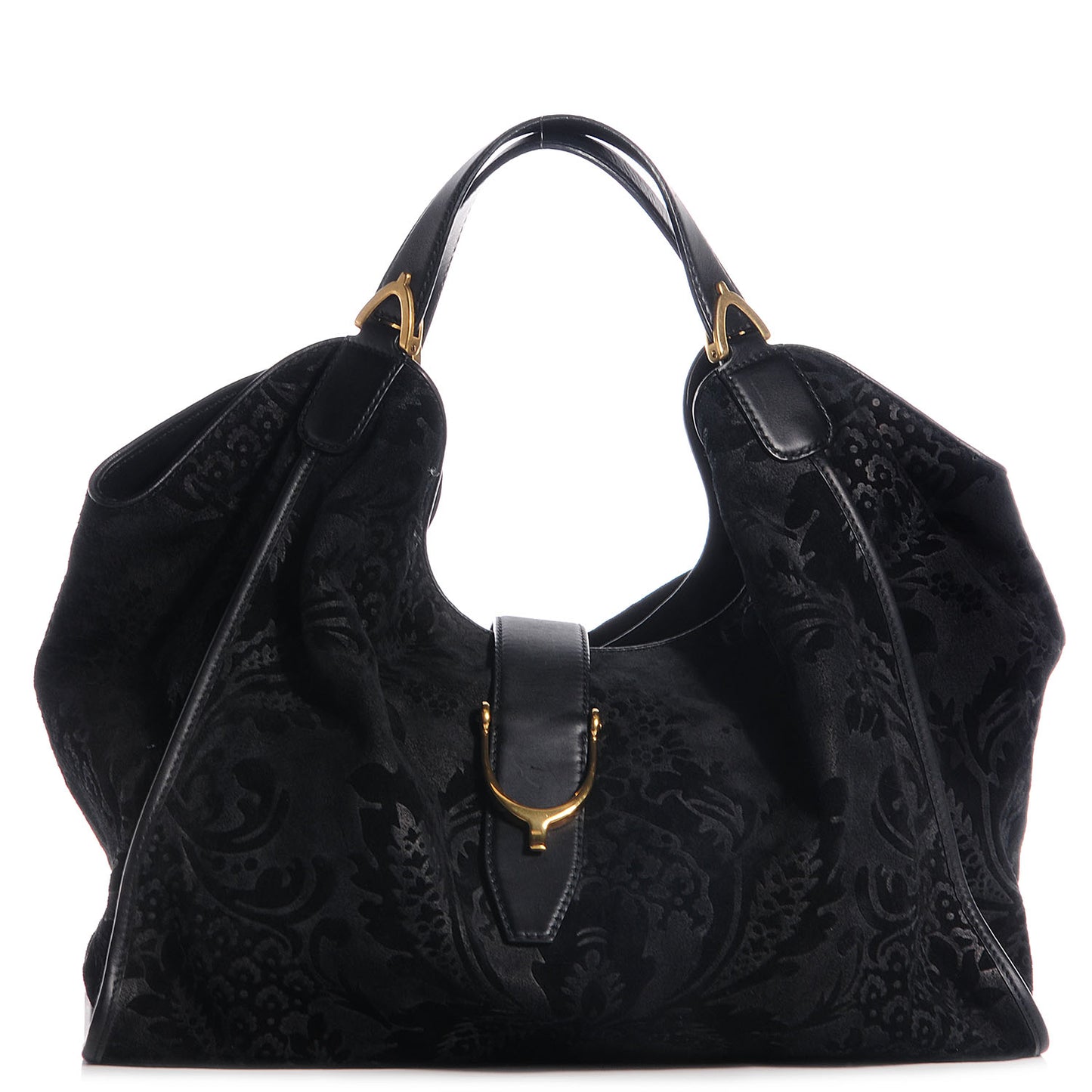 Soft Leather Brocade Large Stirrup Shoulder Bag Black