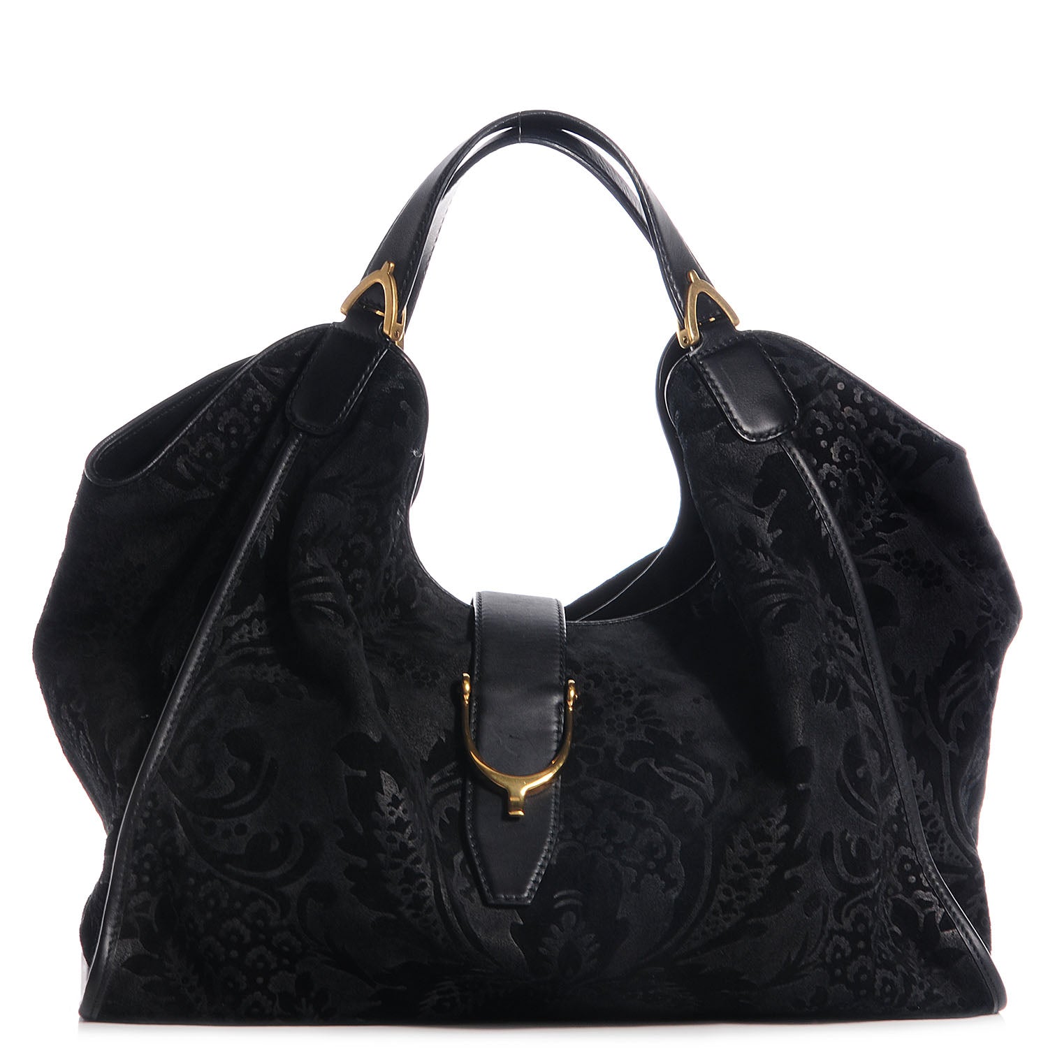 Gucci Soft Leather Brocade Large Stirrup Shoulder Bag Black 1 of 7