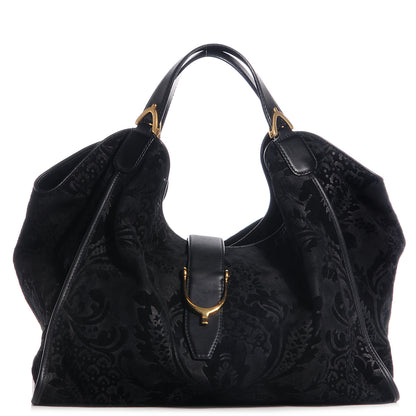 Gucci Soft Leather Brocade Large Stirrup Shoulder Bag Black 1 of 7