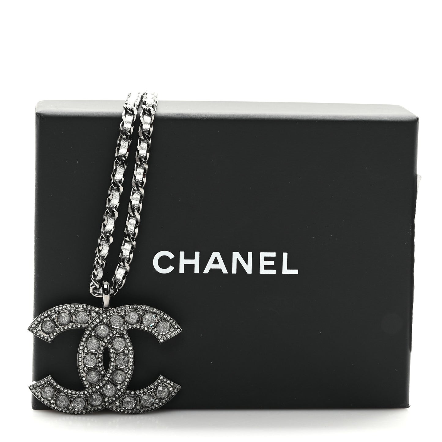Ruthenium Crystal Lambskin CC Pendant Necklace Silver