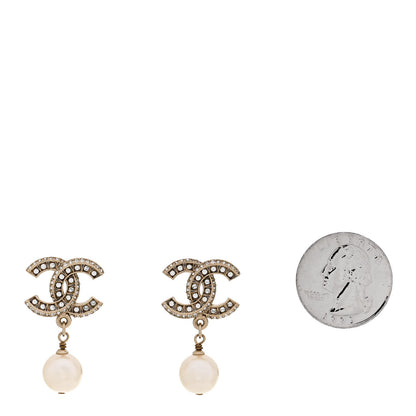 Chanel Crystal Timeless CC Pearl Drop Earrings Light Gold 2 of 6
