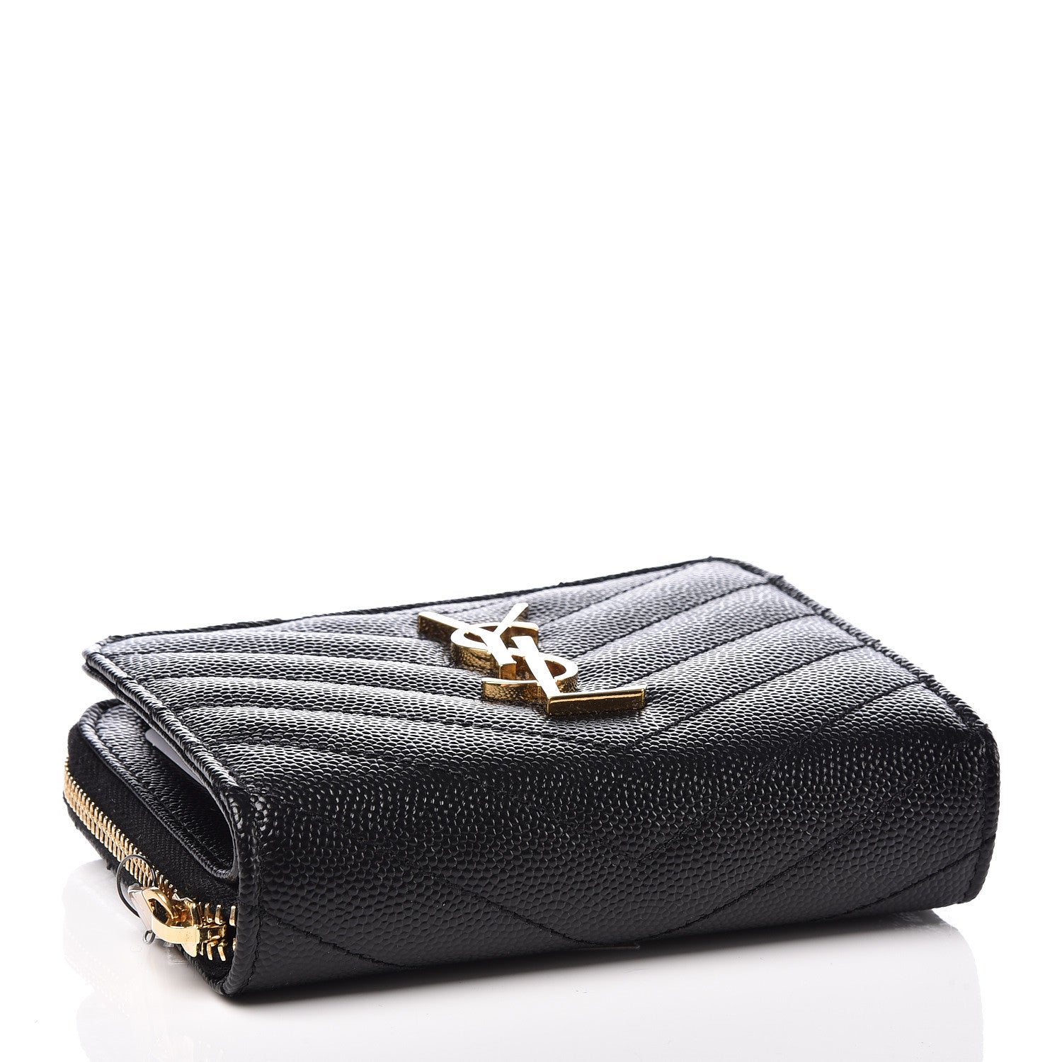 Saint Laurent Grain De Poudre Matelasse Chevron Monogram Compact Zip Around Wallet Black 4 of 7