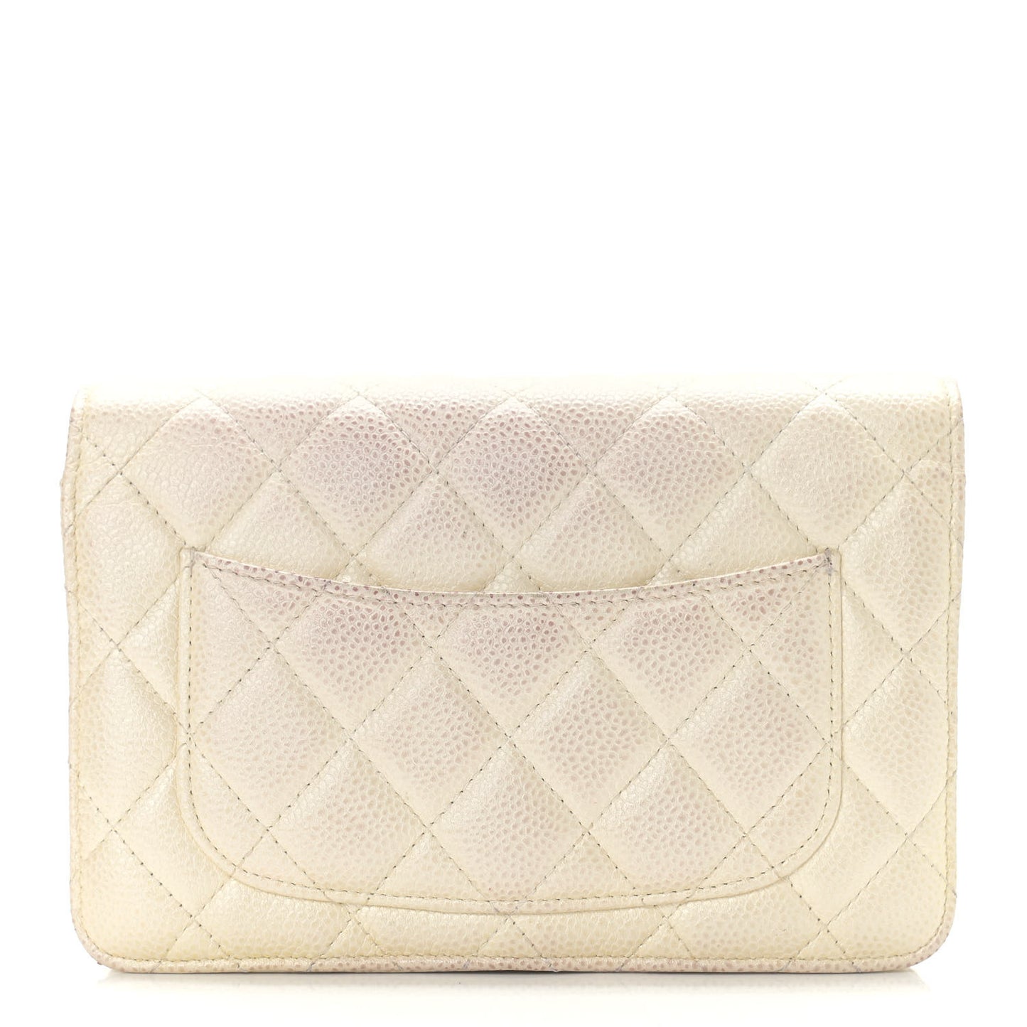 Iridescent Caviar Quilted Wallet On Chain WOC Ivory