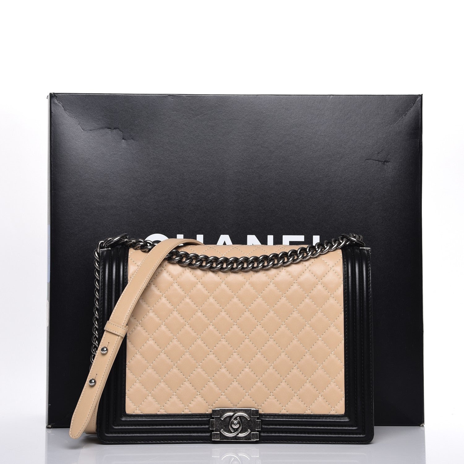 Chanel Lambskin Quilted Large Boy Flap Beige Black 11 of 11