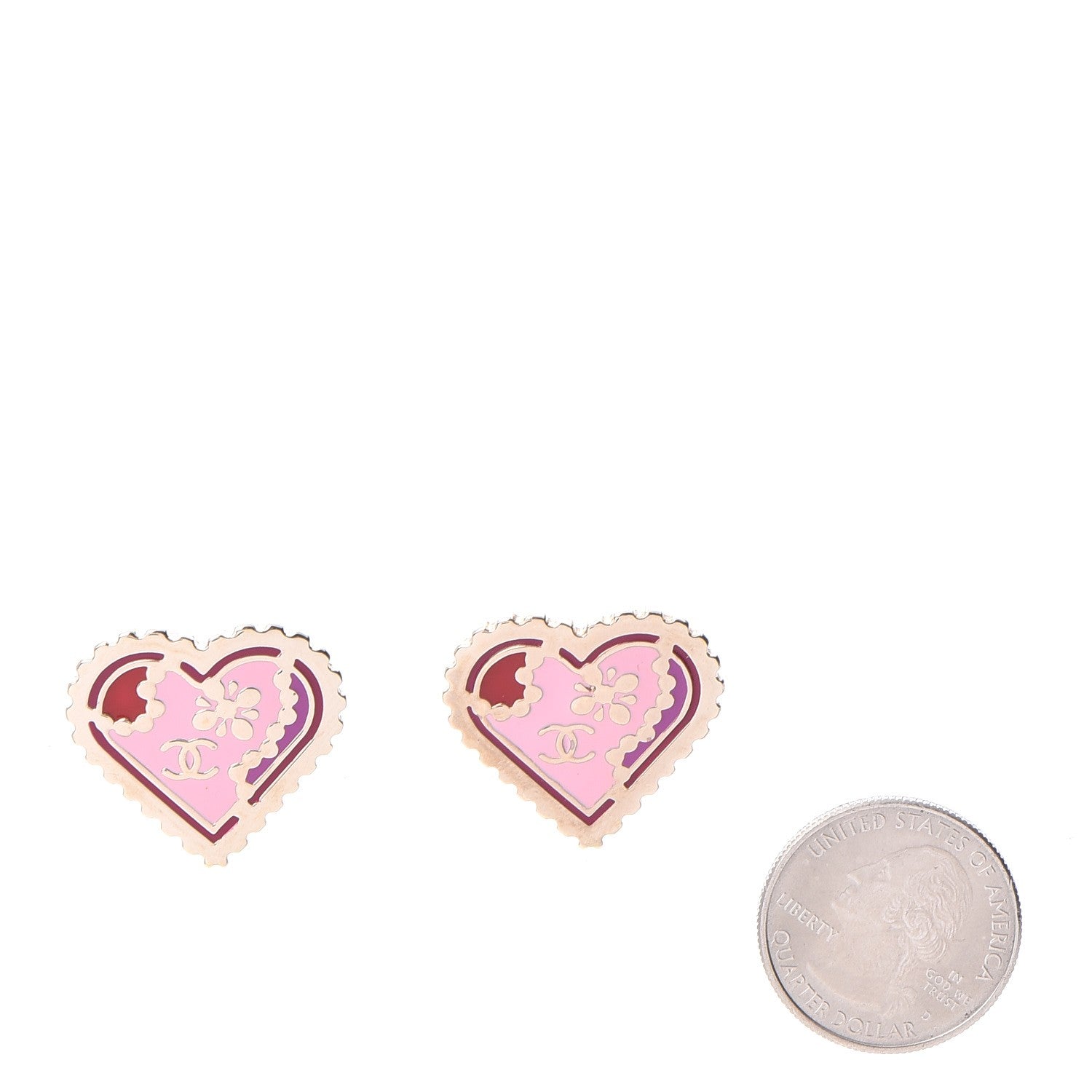 Chanel Enamel CC Heart Clip On Earrings Gold Pink 2 of 5