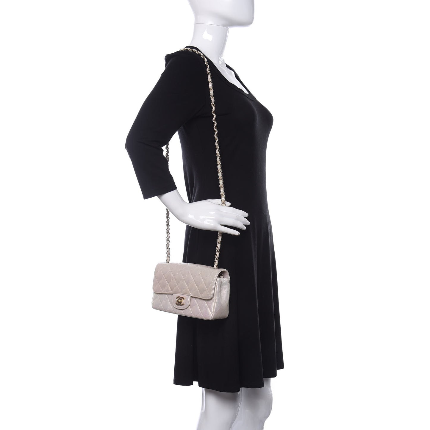 Iridescent Calfskin Quilted Mini Rectangular Flap Ivory