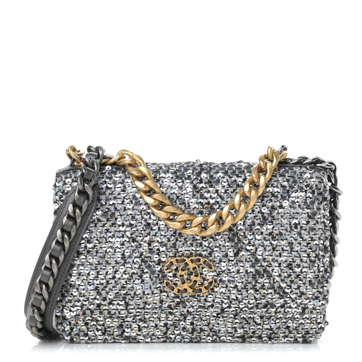 Sequin Quilted Chanel 19 Wallet On Chain WOC Silver