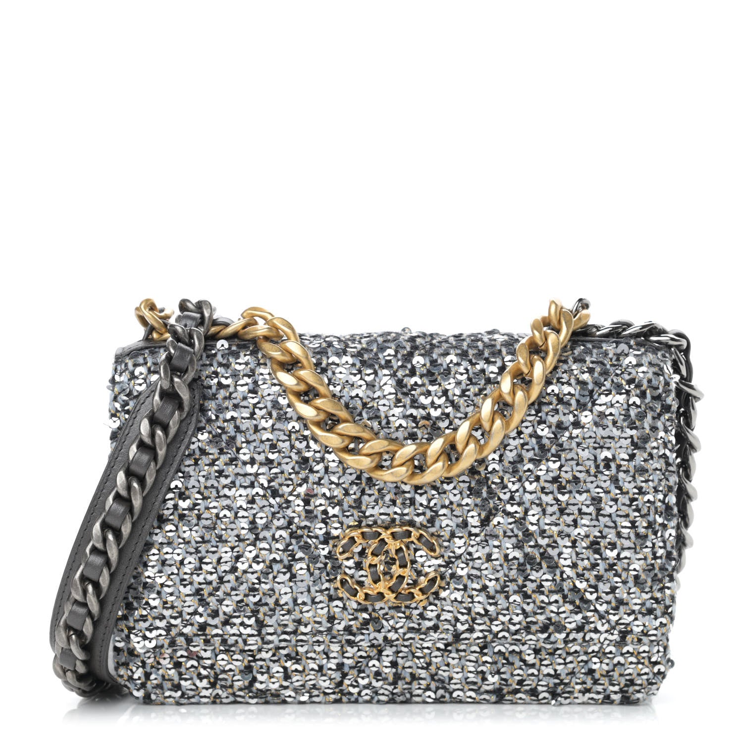 Chanel Sequin Quilted Chanel 19 Wallet On Chain WOC Silver 1 of 15