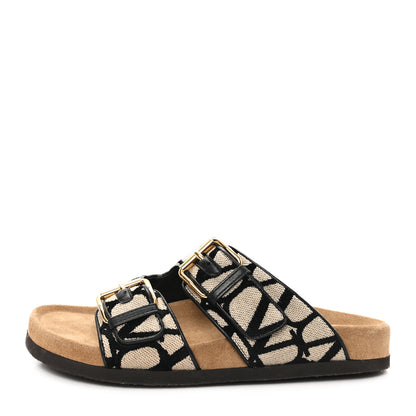 Valentino Garavani Toile Iconographe Vlogo Slide Sandals 38 Naturale Black Fondant 1 of 11