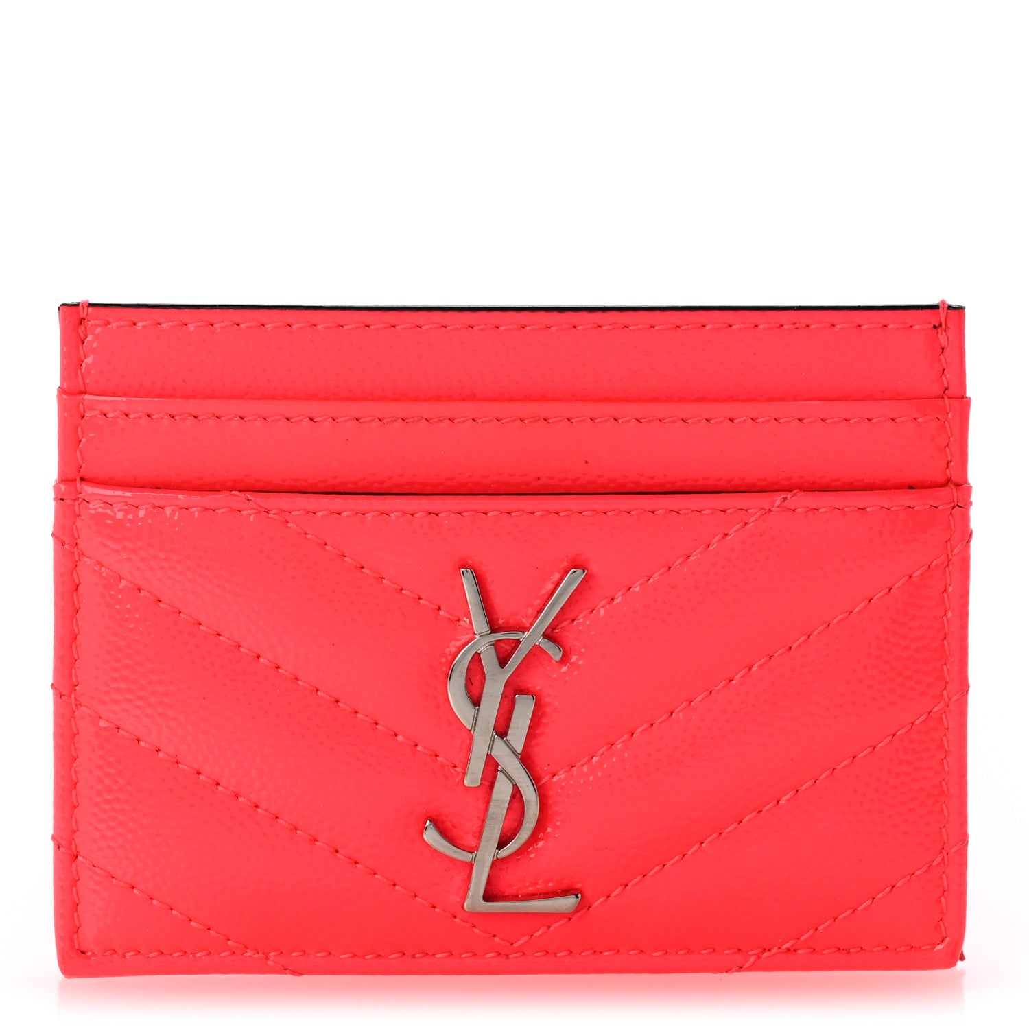 Saint Laurent Patent Grain De Poudre Matelasse Chevron Monogram Credit Card Case Neon Pink 1 of 10