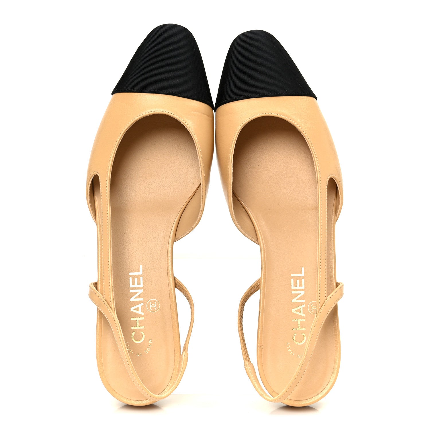 Chanel Goatskin Grosgrain Cap Toe CC Slingback Sandals 41 Beige Black 2 of 8