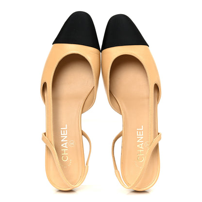 Chanel Goatskin Grosgrain Cap Toe CC Slingback Sandals 41 Beige Black 2 of 8