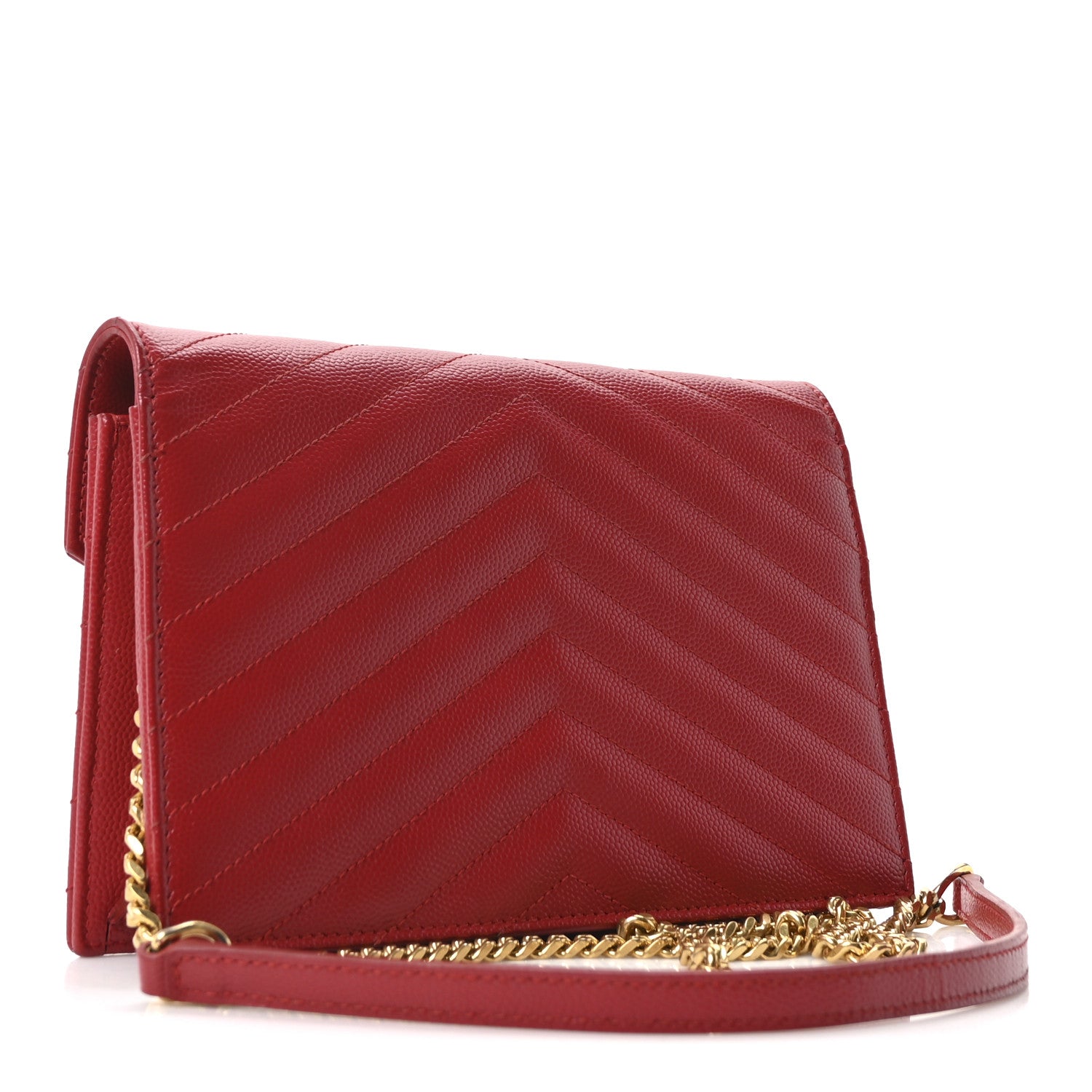Saint Laurent Grain De Poudre Matelasse Chevron Monogram Envelope Chain Wallet New Red 3 of 10
