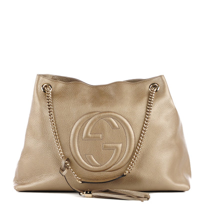 Gucci Metallic Pebbled Calfskin Large Soho Chain Shoulder Bag Golden Beige 1 of 7