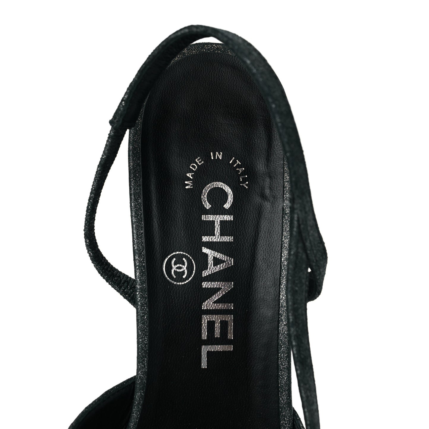 Lambskin Grosgrain Cap Toe CC Slingback Sandals 37 Black Silver
