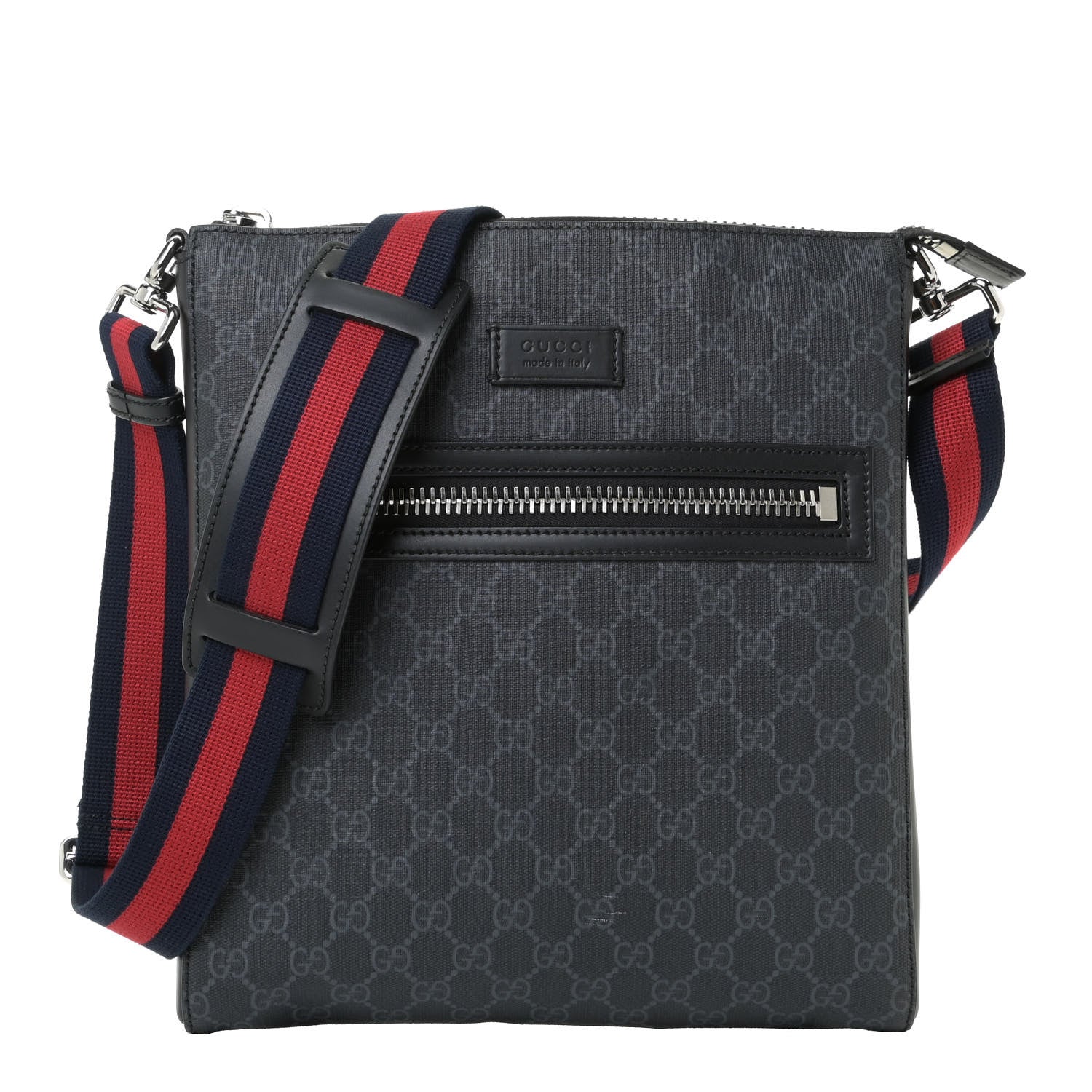 Gucci GG Supreme Monogram Appia Calfskin Web Flat Messenger Bag Black Grey 1 of 12
