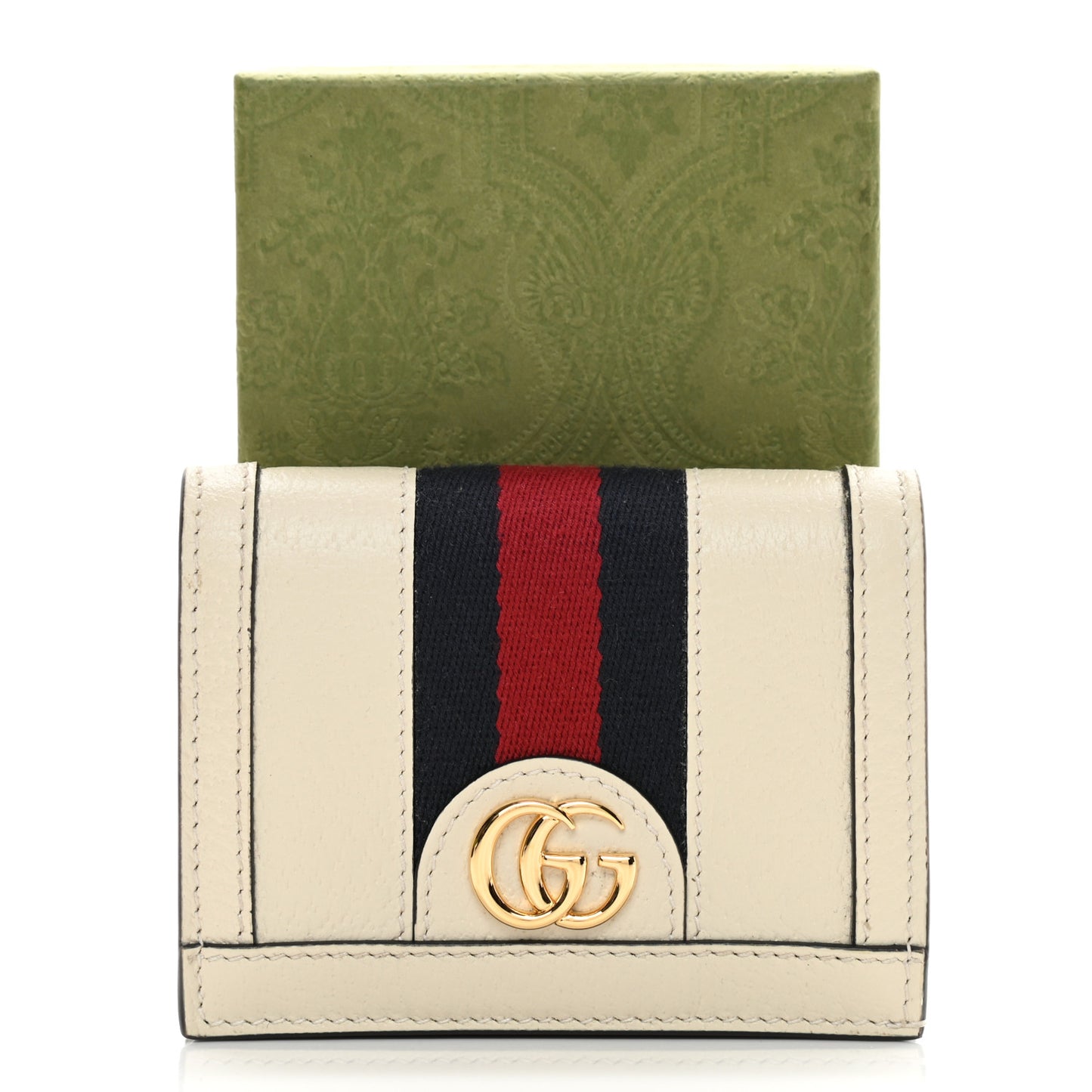Textured Calfskin Web Ophidia Card Case Mystic White