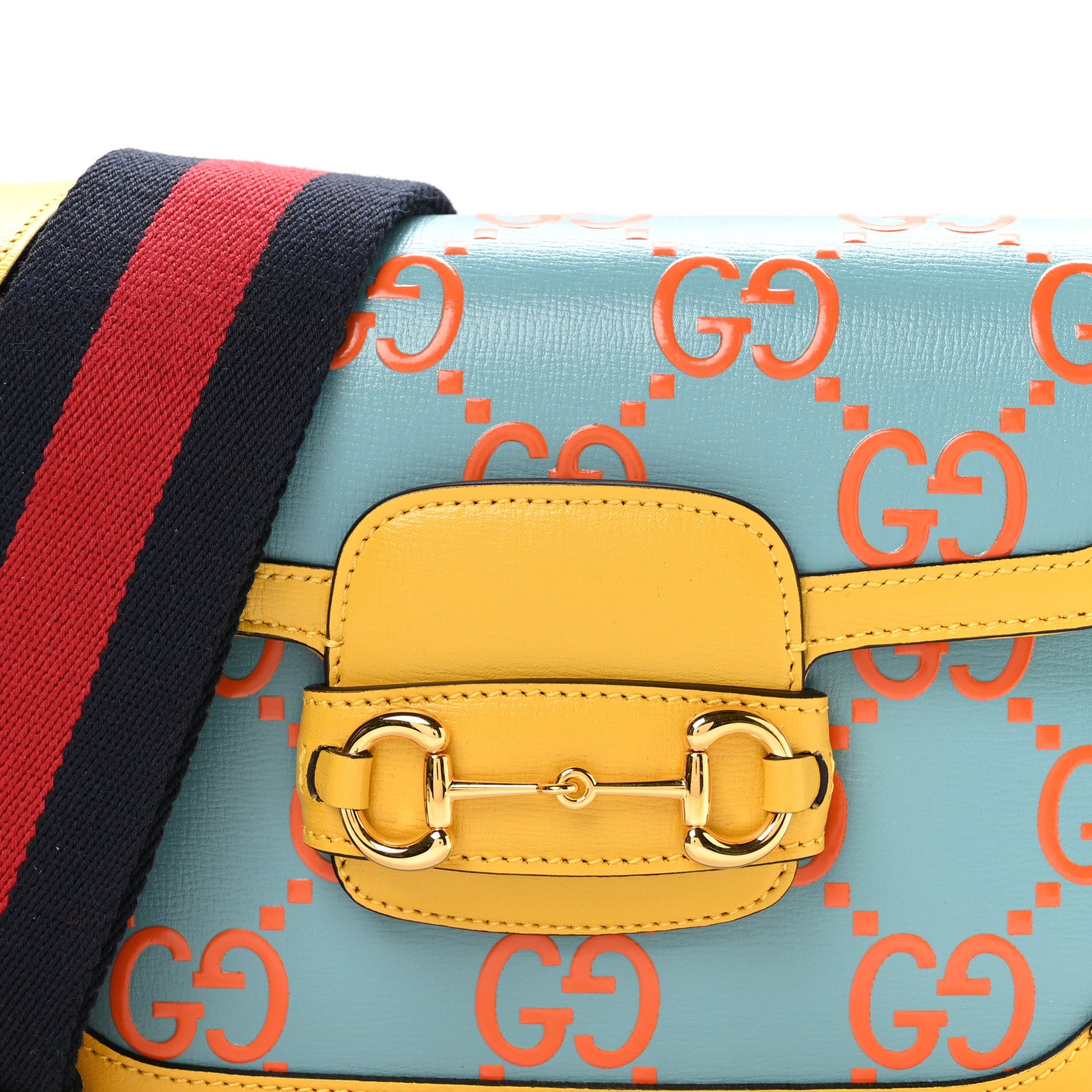 Gucci Azalea Calfskin GG Monogram Bi-Color Debossed Mini Horsebit 1955 Shoulder Bag Dusty Azure Stone Topaz Deep Orange 8 of 10