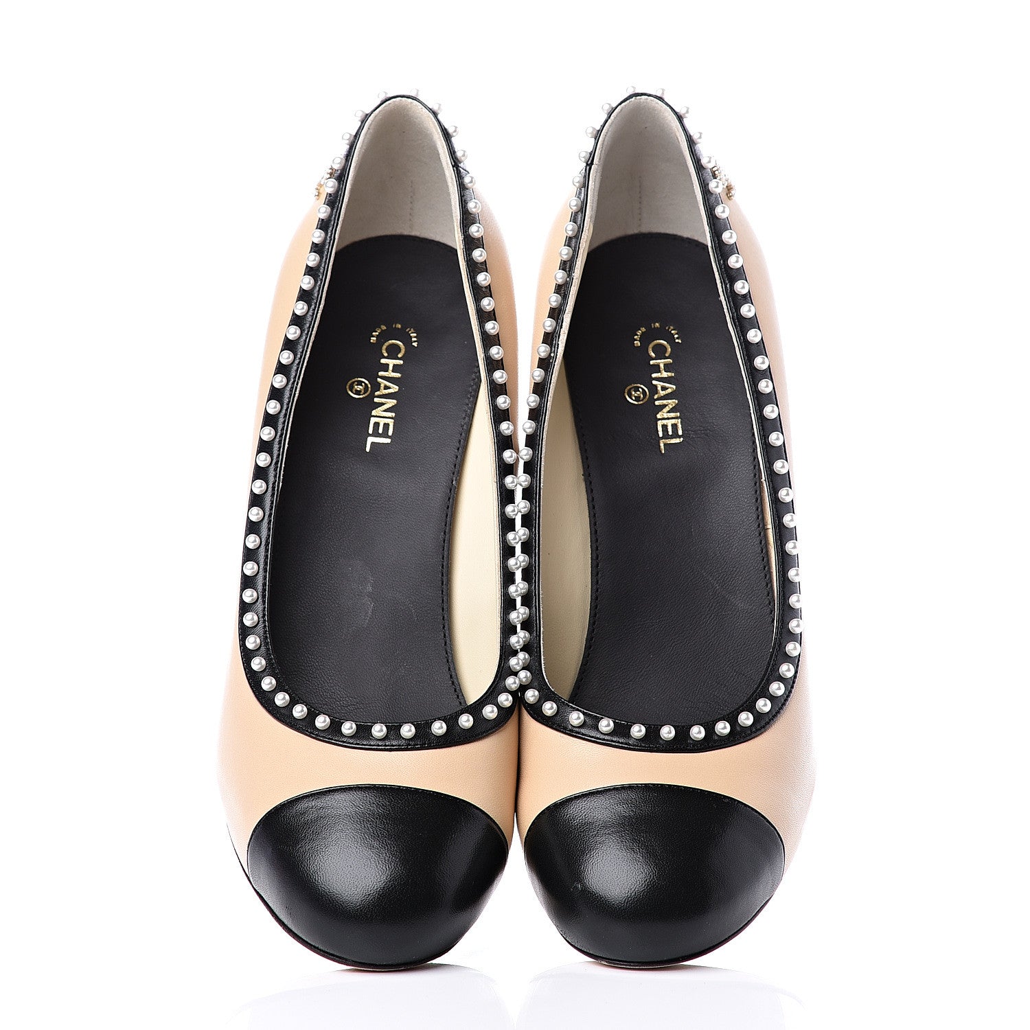 Chanel Lambskin Pearl Cap Toe Pumps 40 Beige Black 5 of 12