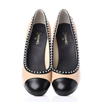 Chanel Lambskin Pearl Cap Toe Pumps 40 Beige Black 5 of 12