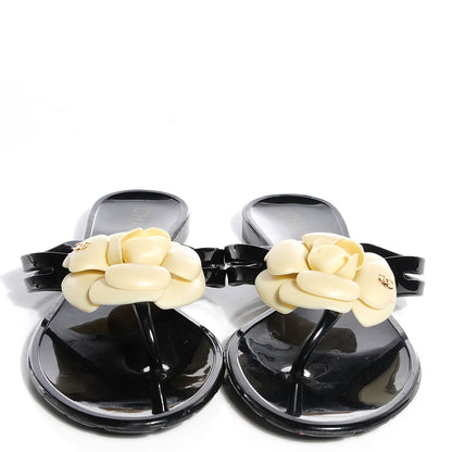Chanel Jelly Camellia Thong Sandals 38 Black White 2 of 8
