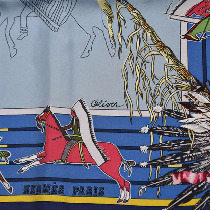 Hermes Silk Pani La Shar Pawnee Wash Scarf 90 Bleu Ciel Marine Vert 3 of 5