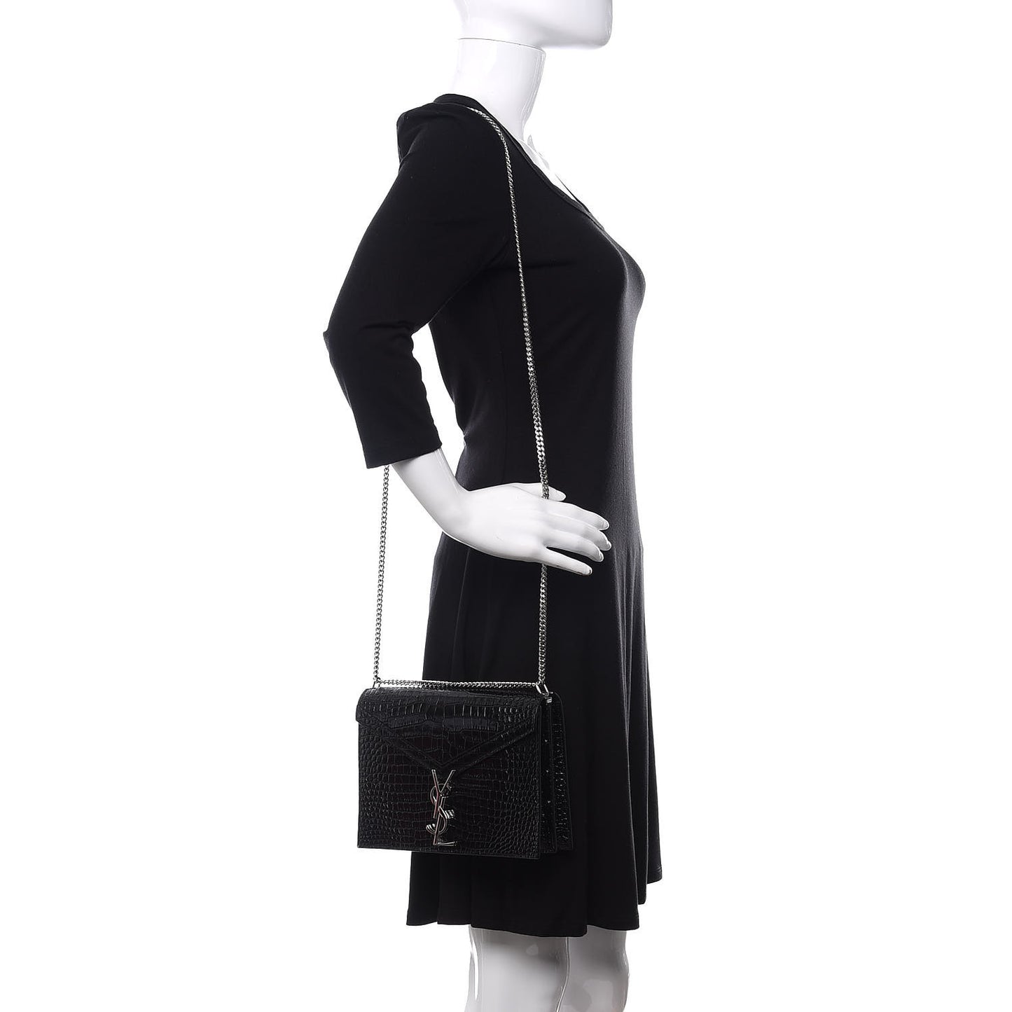 Calfskin Crocodile Embossed Monogram Cassandra Clasp Bag Black Rouge Legion