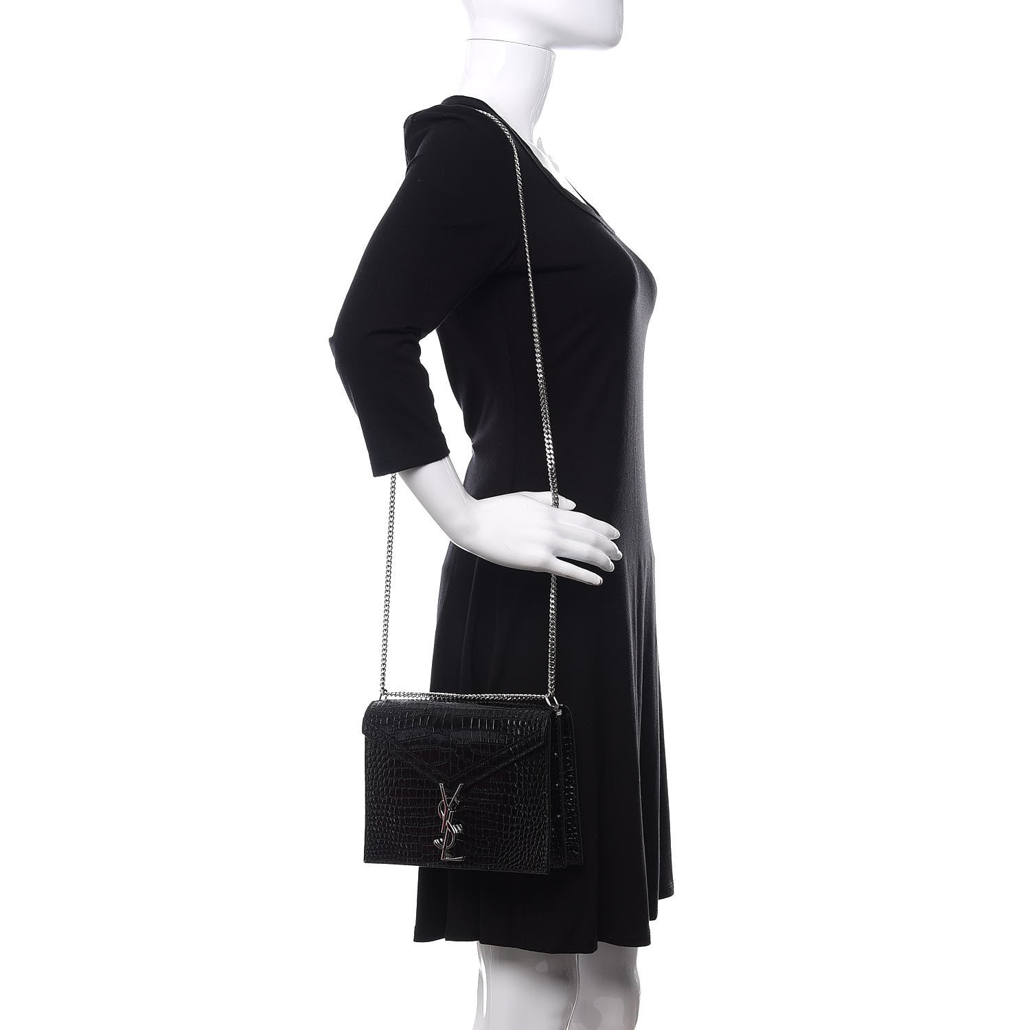 Saint Laurent Calfskin Crocodile Embossed Monogram Cassandra Clasp Bag Black Rouge Legion 3 of 11