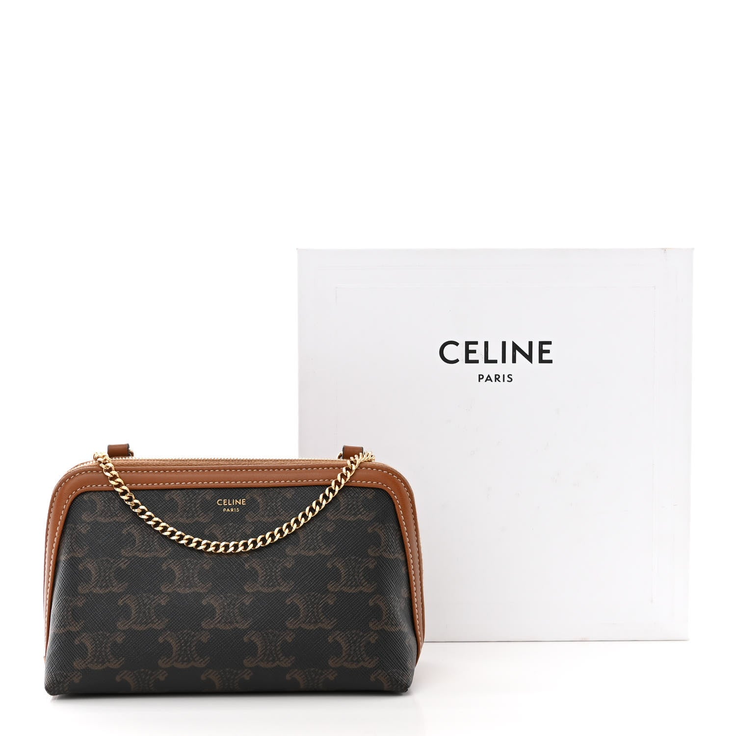 Celine Triomphe Canvas Lambskin Clutch On Chain Tan 11 of 11