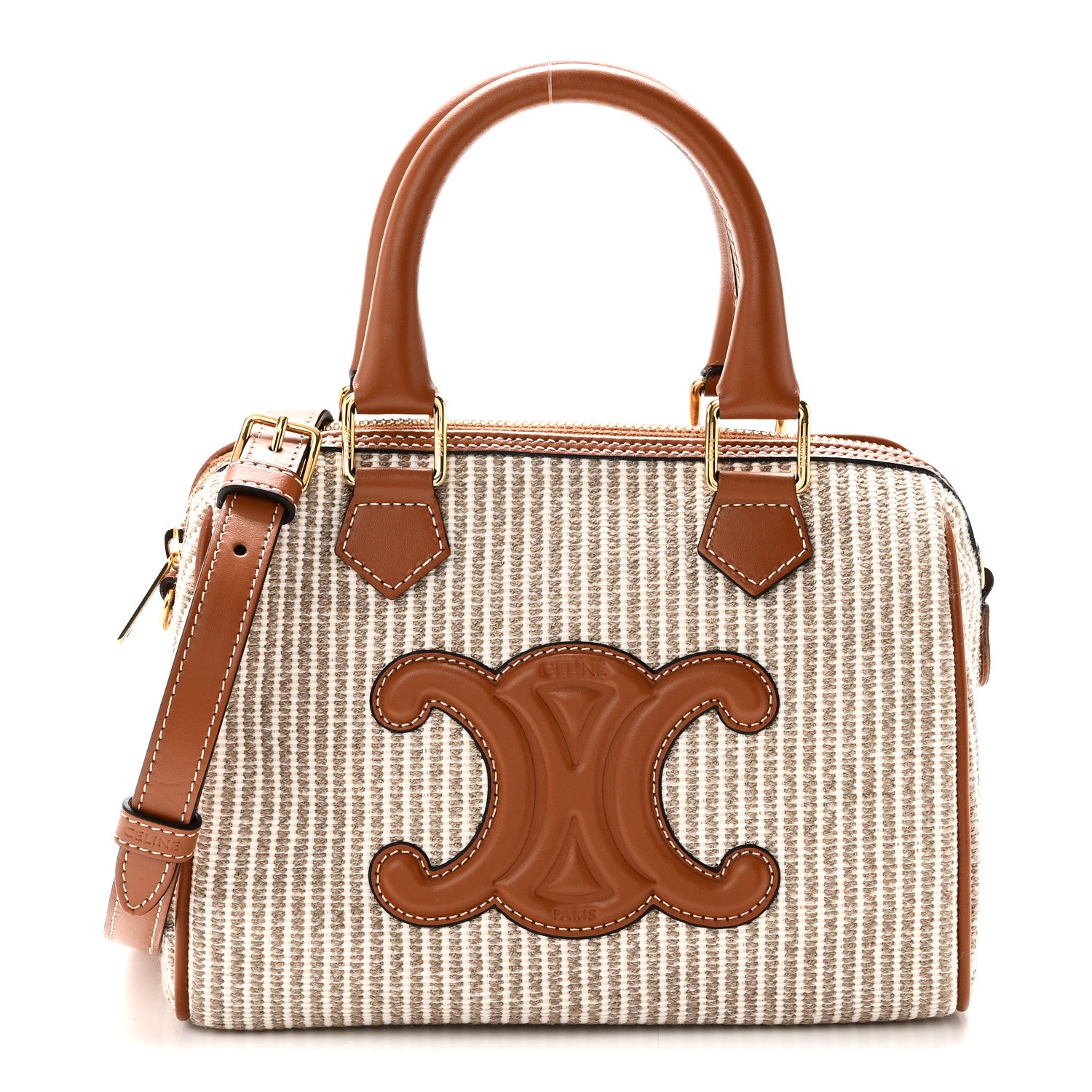 Celine Triomphe Textile Calfskin Striped Small Boston Bag Natural Tan 1 of 11
