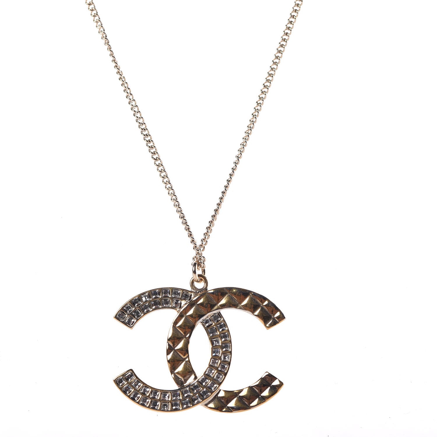 Chanel Baguette Crystal Quilted CC Pendant Necklace Gold 4 of 6