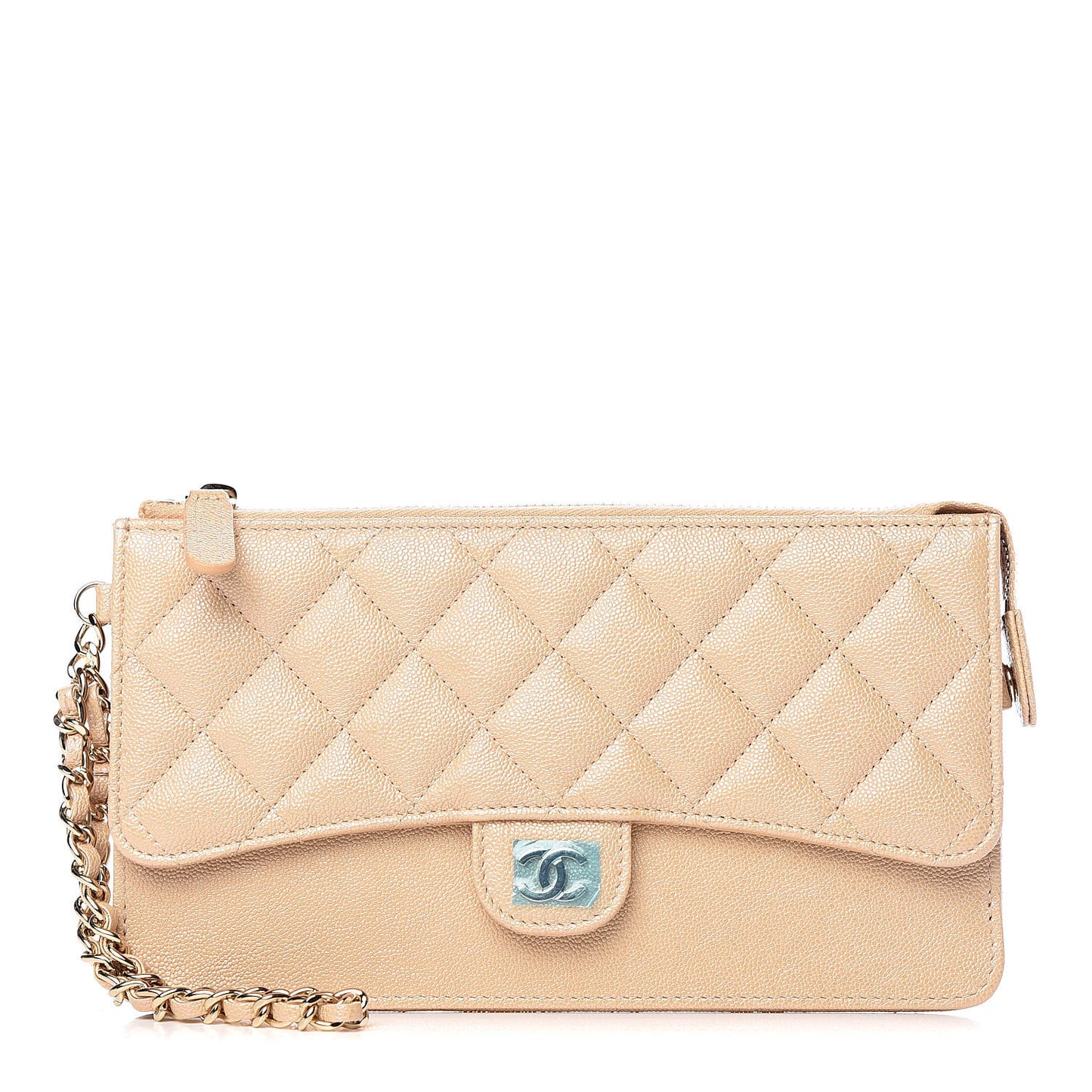 Iridescent Caviar Quilted Classic Pouch With Handle Beige