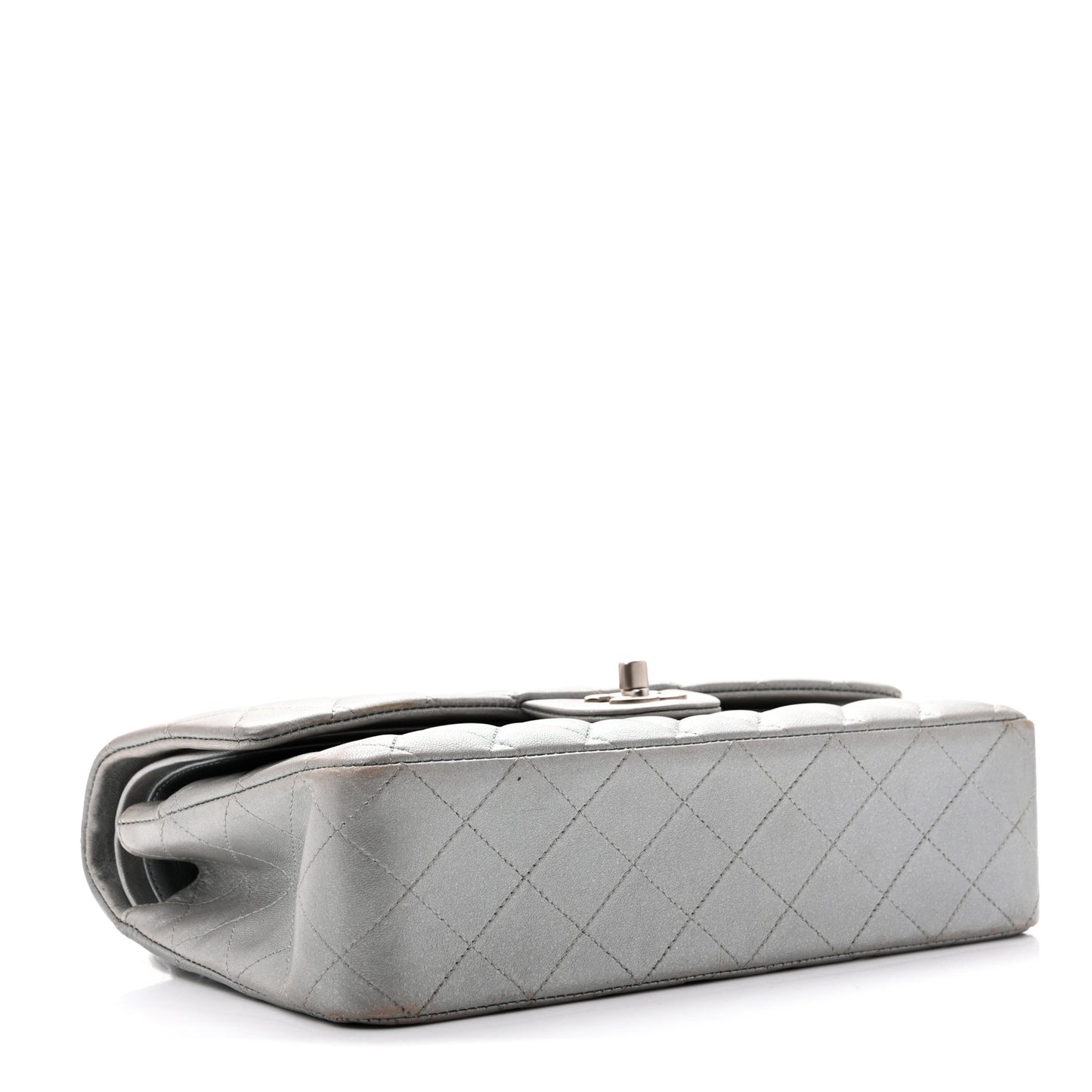 Metallic Lambskin Quilted Medium Double Flap Silver