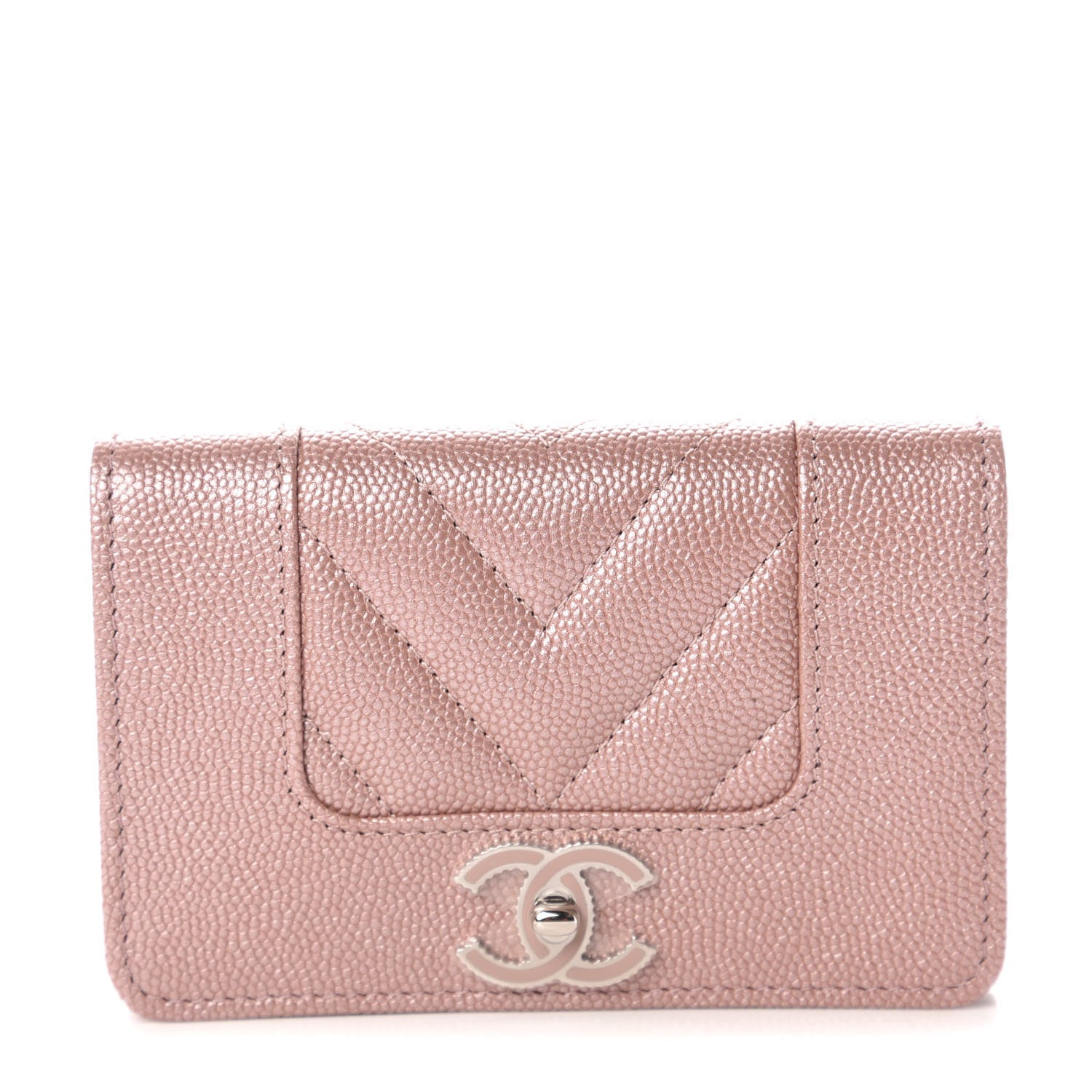 Chanel Metallic Caviar Chevron Quilted Vintage Mademoiselle Card Holder Pink 1 of 11