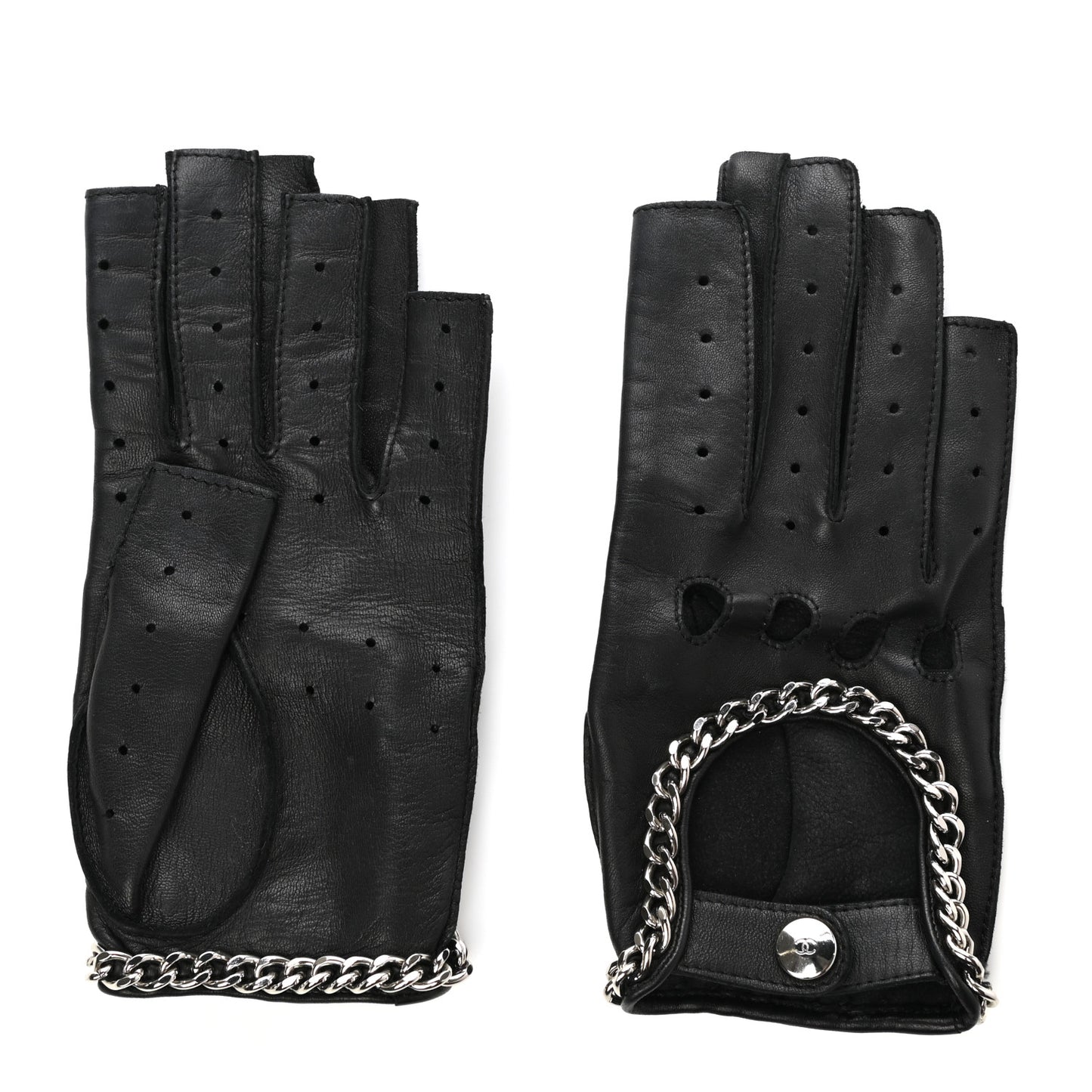 Lambskin Chain Fingerless Gloves 7 Black