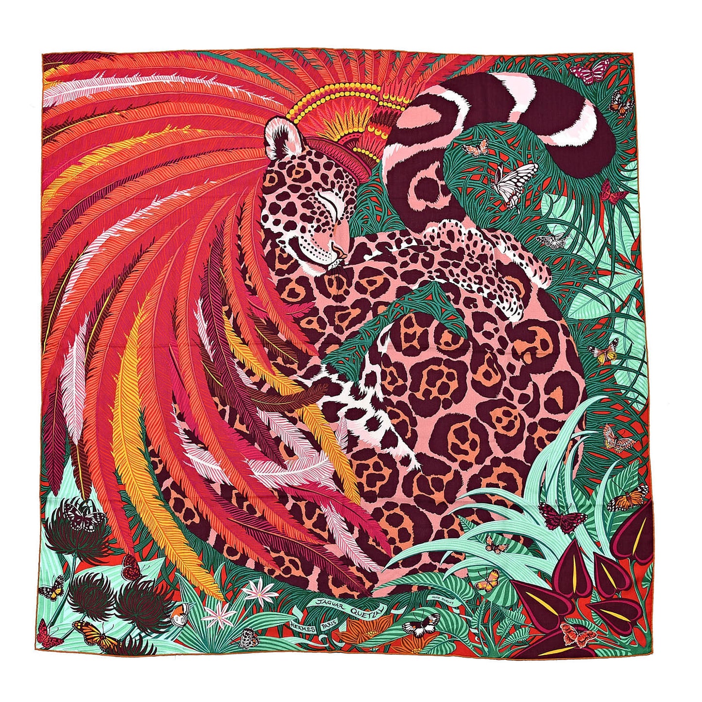 Cashmere Silk Jaguar Quetzal Shawl 140 Fuchsia Vert Jaune D'Or