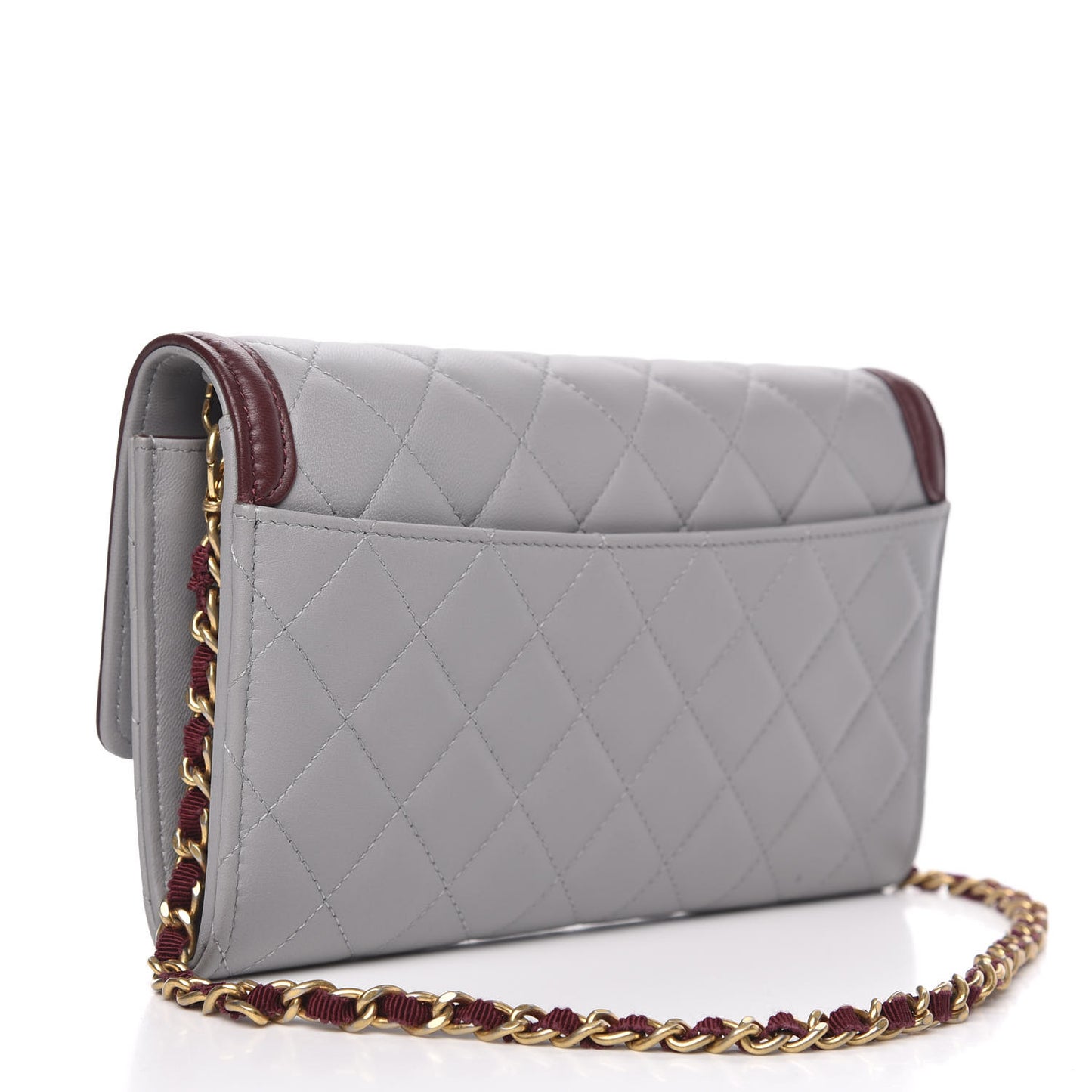 Lambskin Quilted Wallet With Removable Chain Grey Burgundy